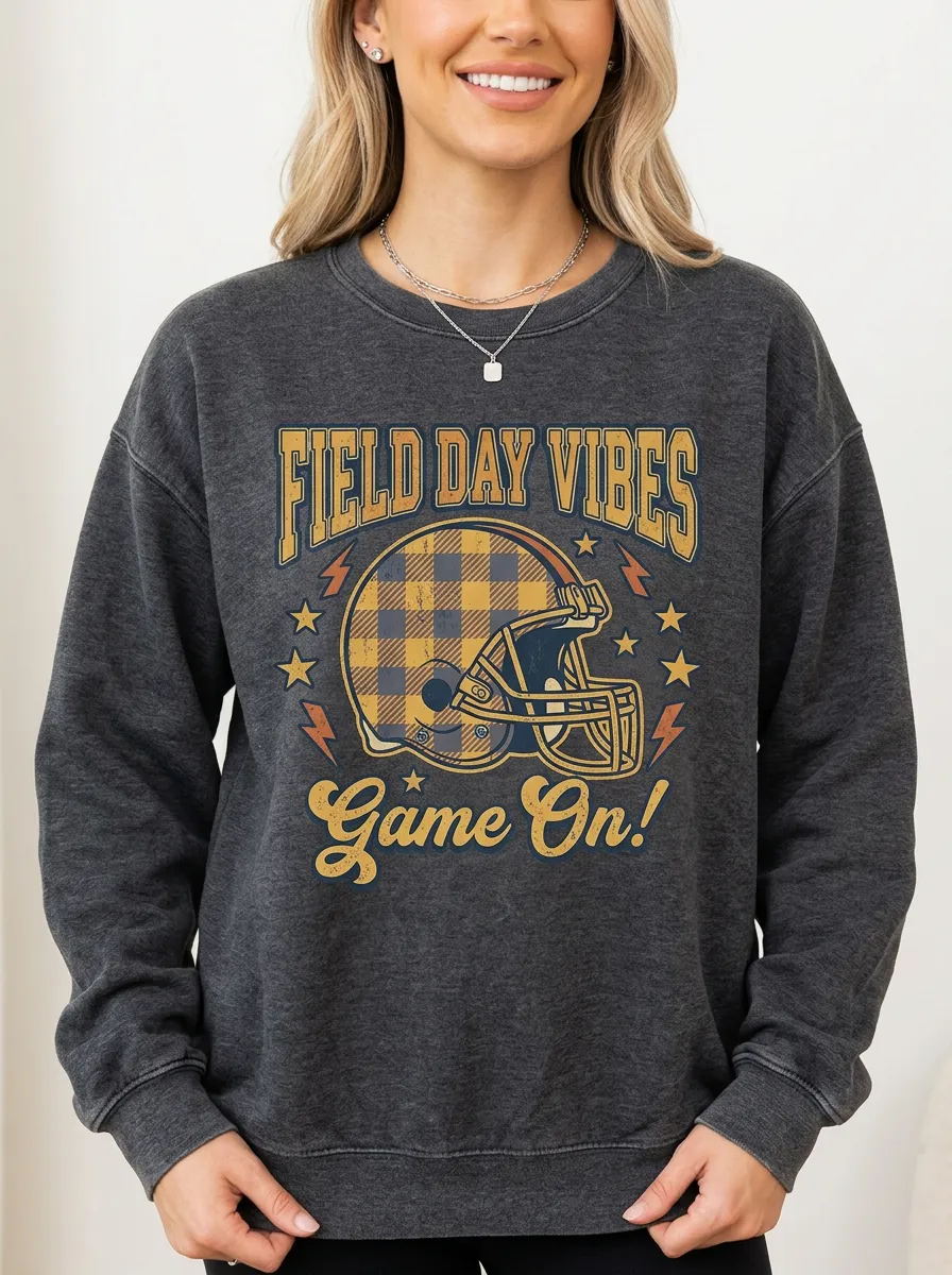 Women's Football Lover Plaid Helmet Field Day Vibes Graphic Sweatshirt