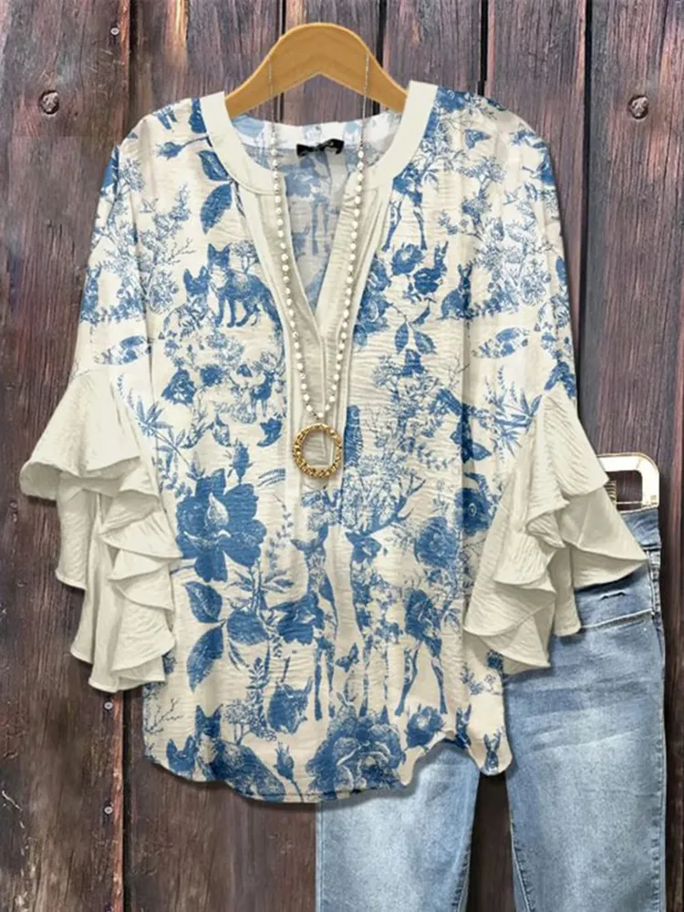 Women'S Vintage Plant Floral Print V-Neck Shirt