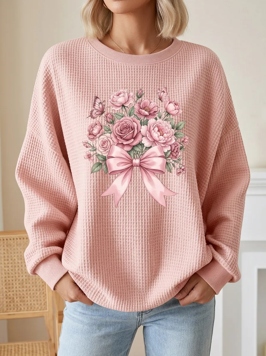 Ribbon Floral Butterfly Botanical Women's Breast Cancer Awareness Waffle Sweatshirt