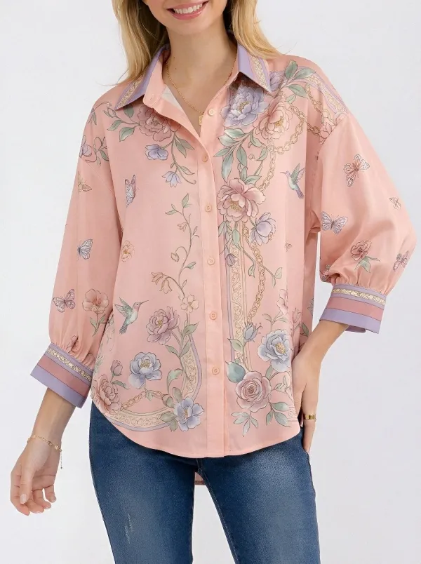 Women's Floral Hummingbird Butterfly Chain Printed Button-up Shirt