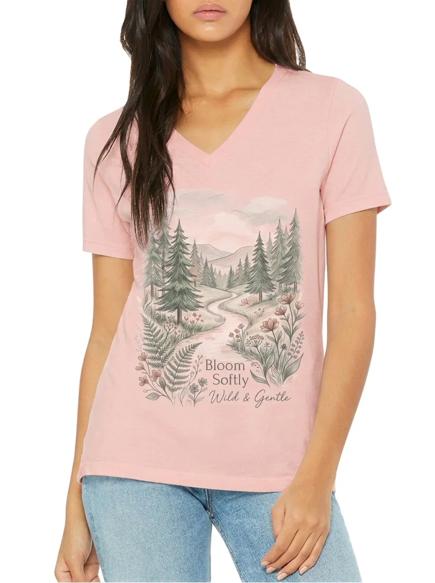 Women's Nature Lover Forest Floral Bloom Softly Printed V-neck T-shirt