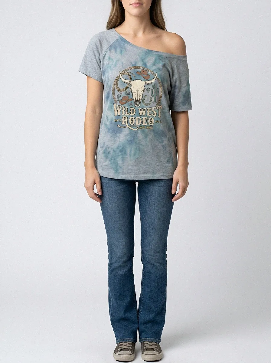 Women's Wild West Rodeo Cow Skull Printed Tie-Dye T-shirt