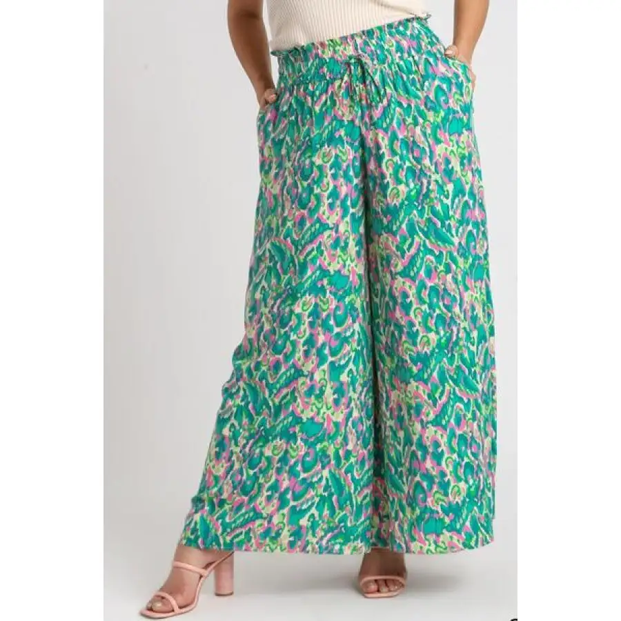 Full Size Mixed Print High Waist Wide Leg Pants Plus Size