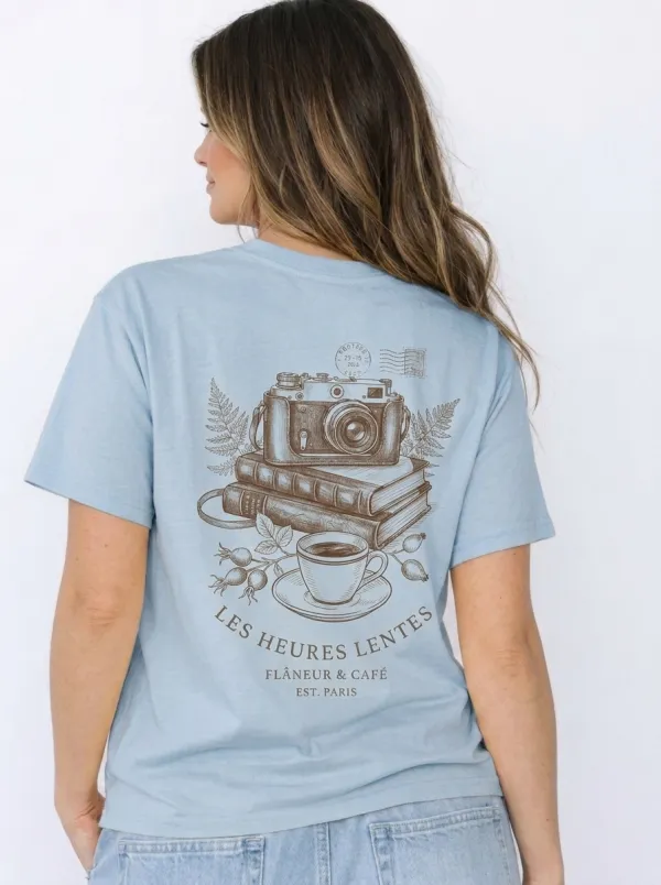 Women's Paris Cafe Camera Books Aesthetic Printed T-shirt