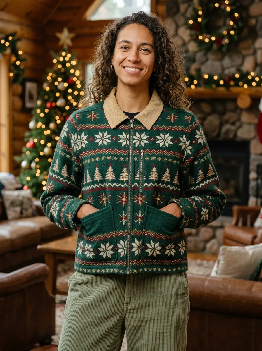 Christmas Holiday Snowflake Tree Pattern Print Zip-up Jacket