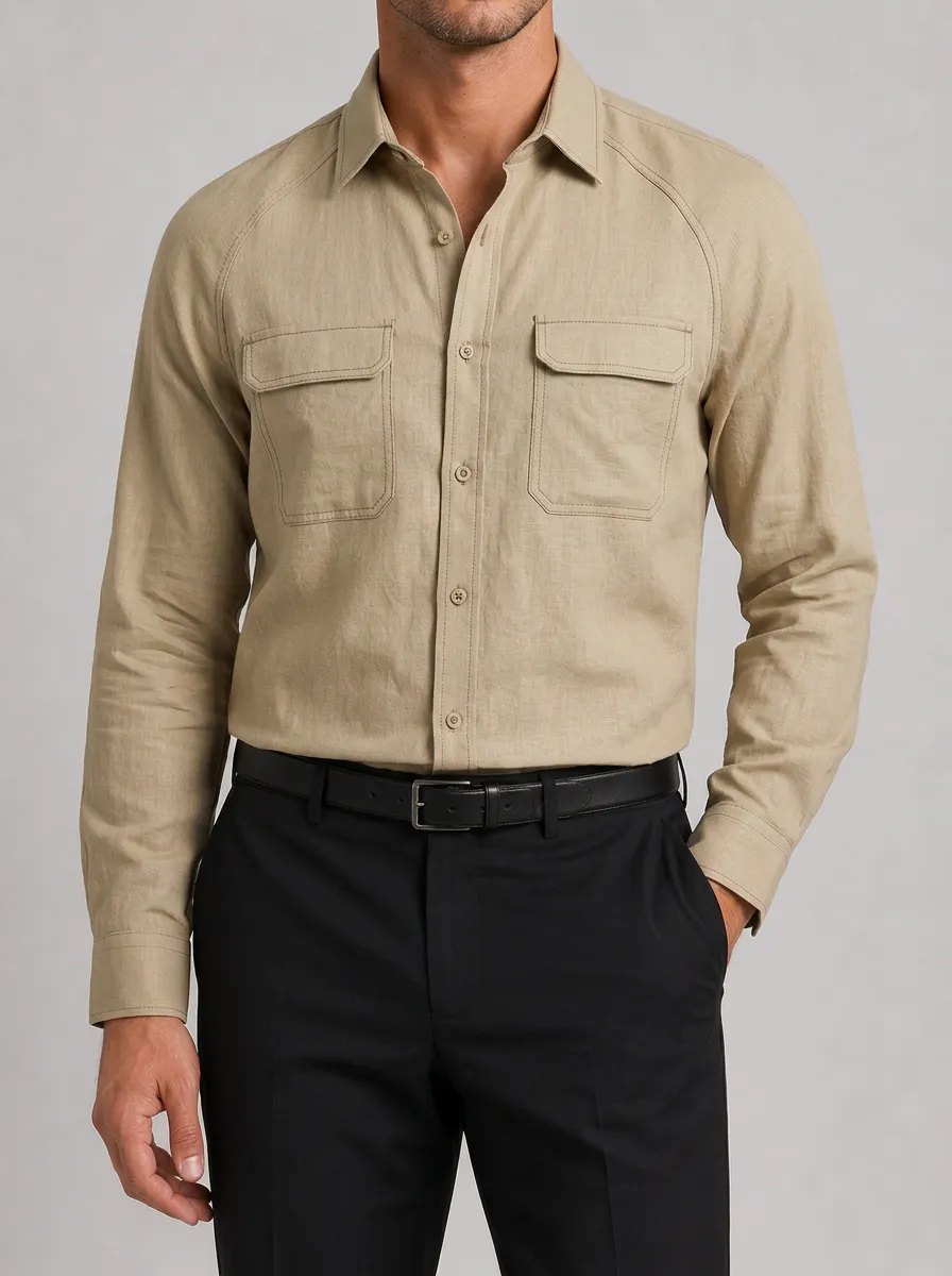 Men's Casual Khaki Double Pocket Long Sleeve Shirt