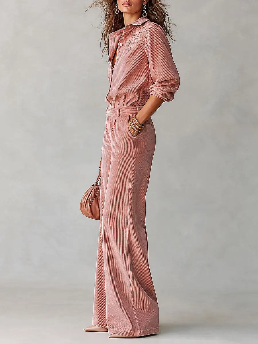 Boho Corduroy Lace-Trim Shirt & Wide-Leg Pants Set