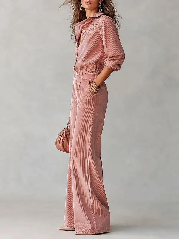 Boho Corduroy Lace-Trim Shirt & Wide-Leg Pants Set