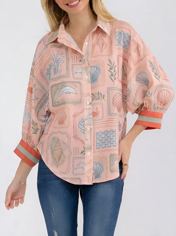 Women's Coastal Beach Lover Seashell Dolphin Printed Shirt