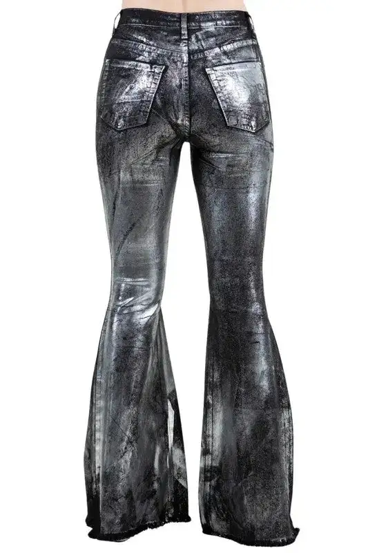 High Rise Bell Bottom Western Style Frayed Hem Denim Jeans