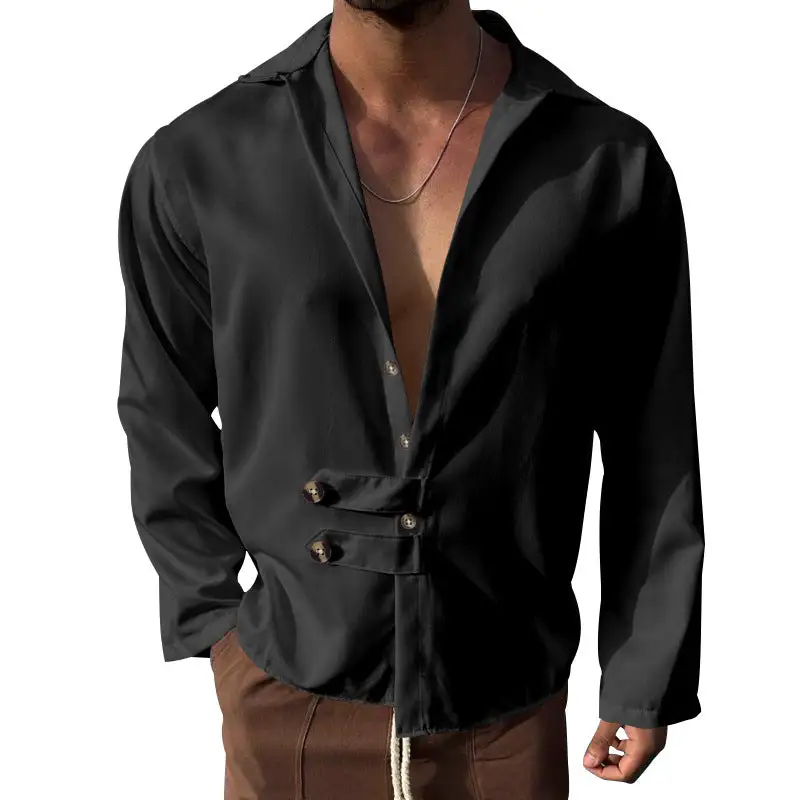 Men's Modern Long-sleeved Shirt With Deep Neckline And Asymmetrical Strap Look