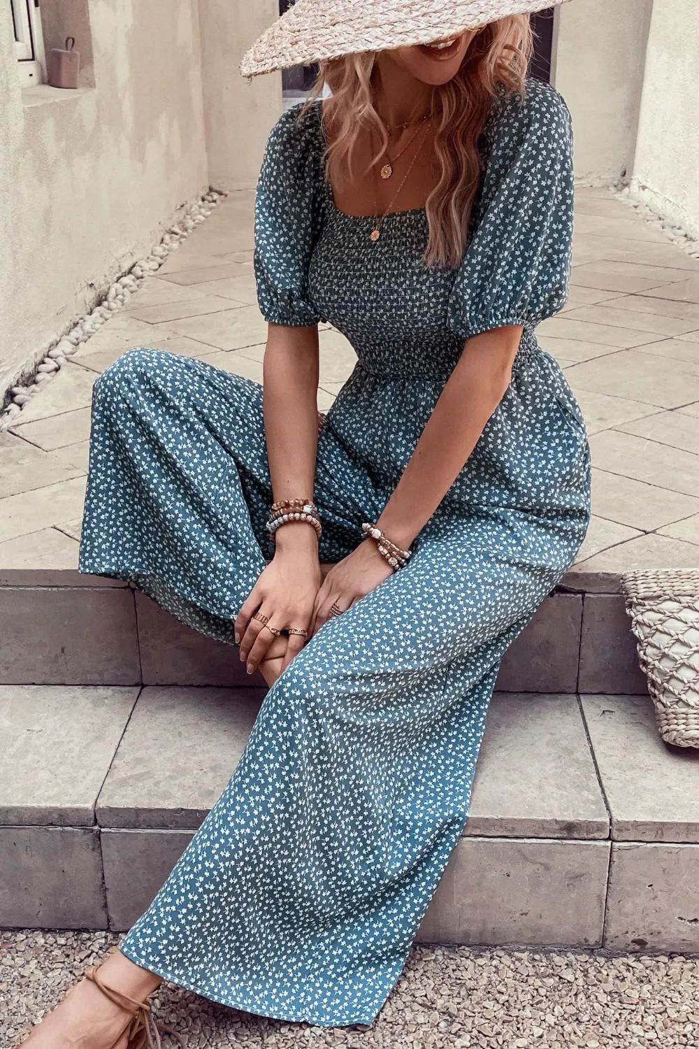 Printed Square Neck Pockets Jumpsuit