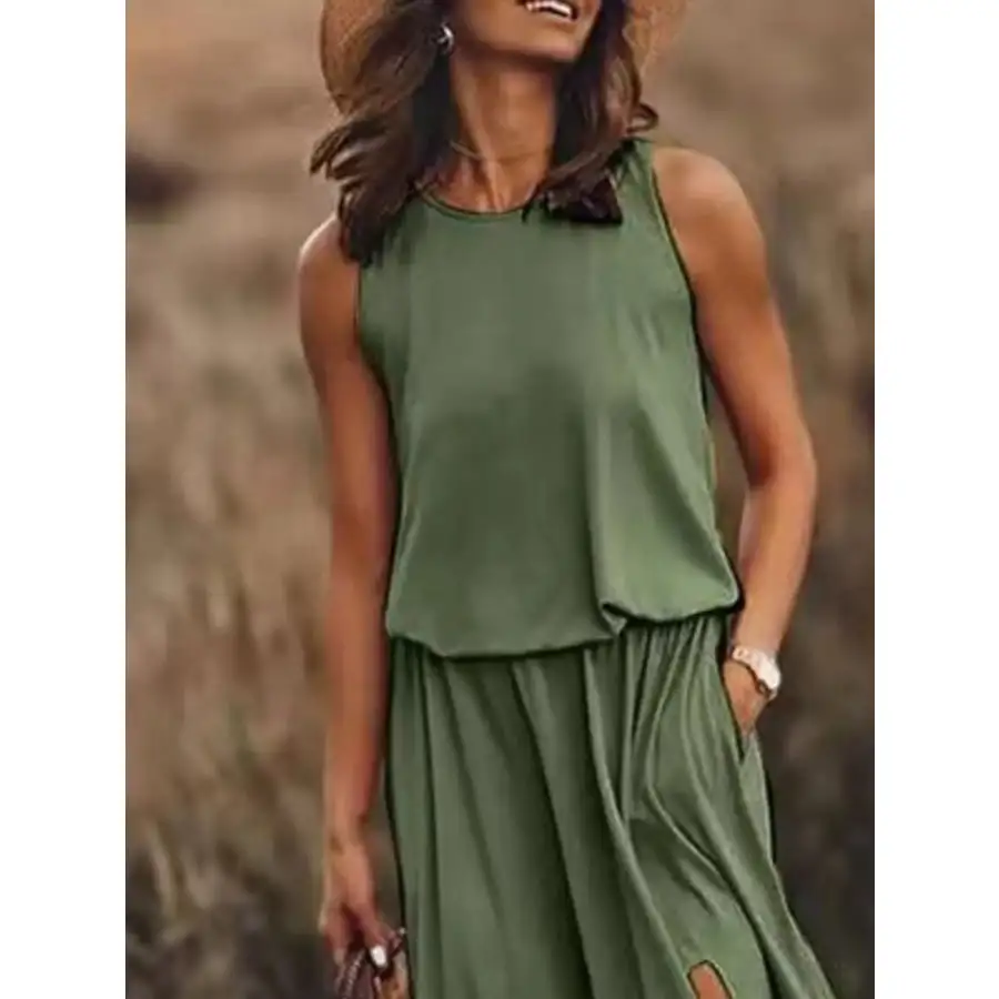 Full Size Round Neck Sleeveless Slit Maxi Dress Plus Size