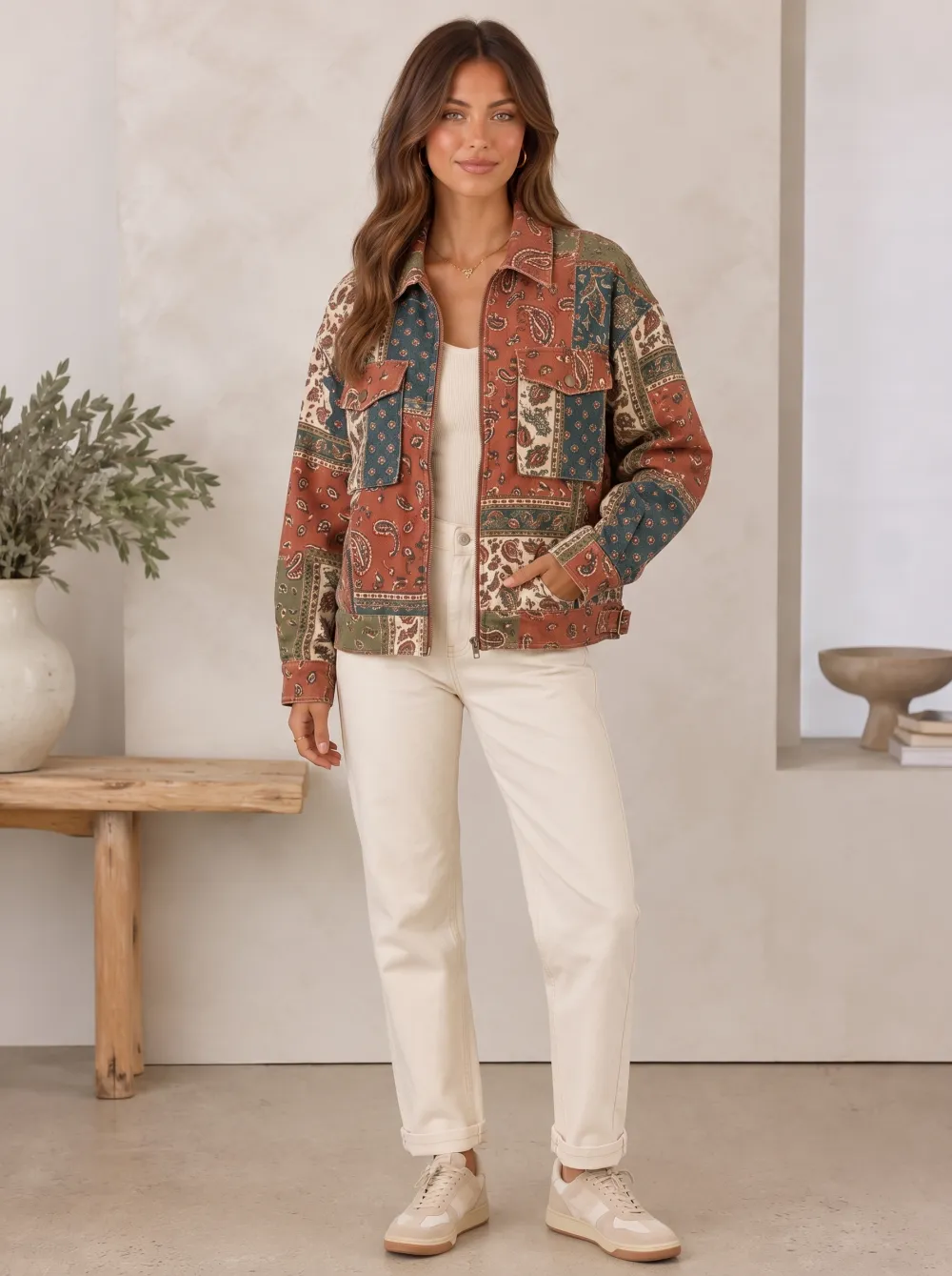 Women's Boho Paisley Patchwork Zip Jacket
