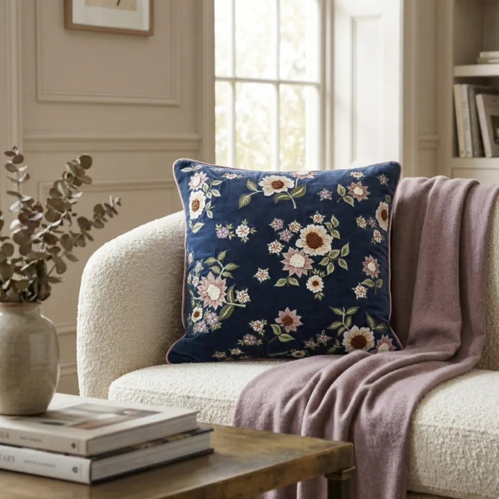 Embroidered Floral Botanical Velvet Decorative Cushion Cover