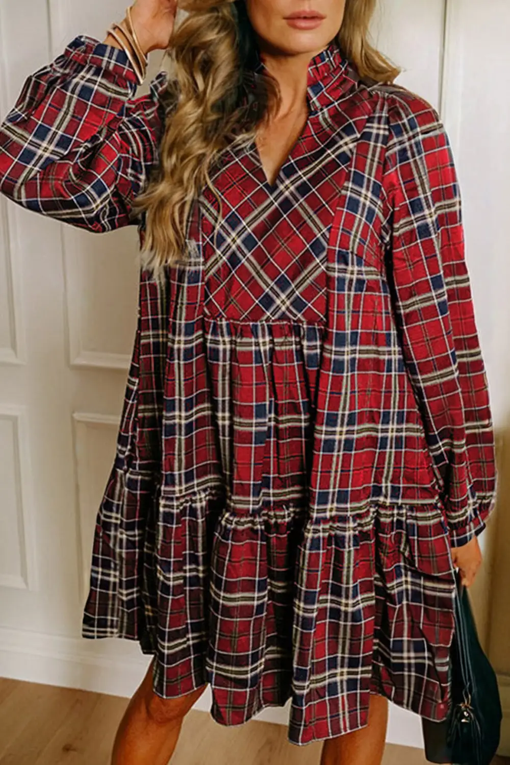 Plaid Print Frilly Collar Long Sleeve Shift Mini Dress