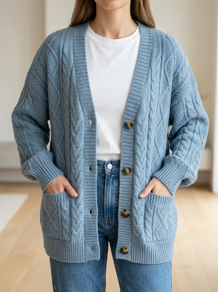 Women's Clean Line Cable Knit Button Front V Neck Cardigan