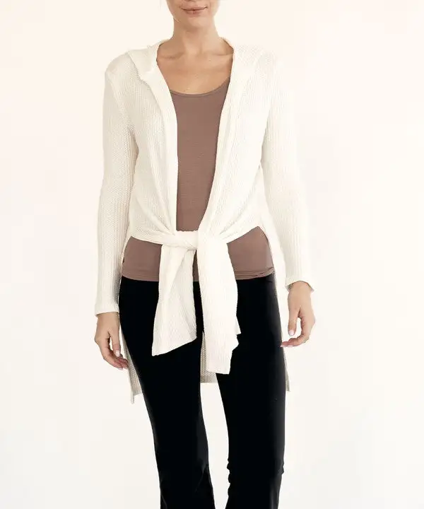 Bamboo Waffle Slim Cardigan With A Hoodie