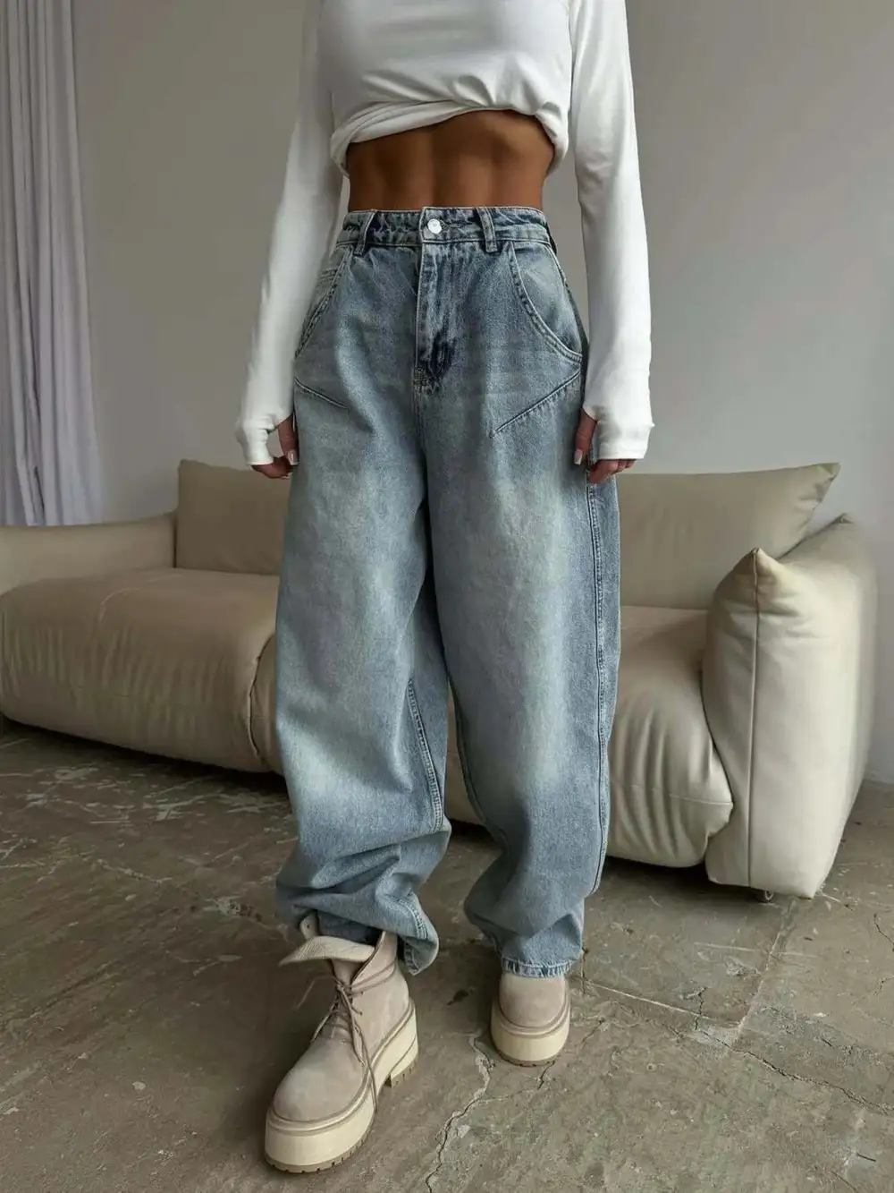 Ribbed Draped Denim Jeans