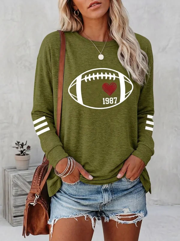 Women's Sport Inspired Gridiron Heart Ball Crewneck Long Sleeve T-Shirt