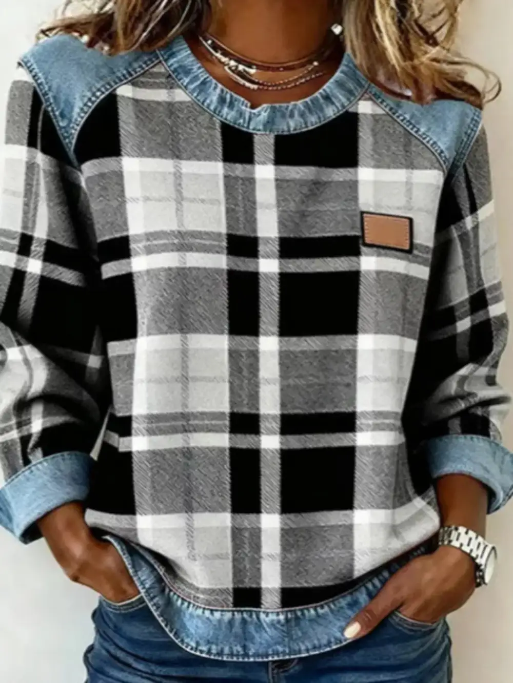 Plaid Denim Trim Long Sleeve Sweatshirt