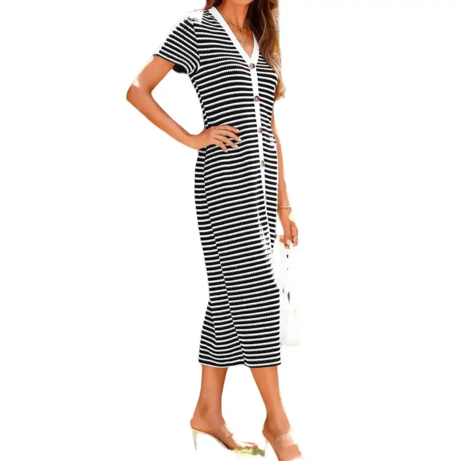 Contrast V-Neck Short Sleeve Midi Dress