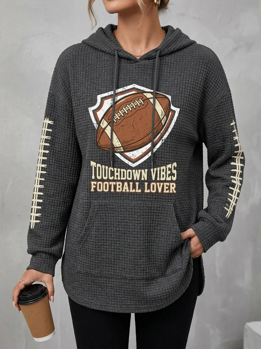 Women's Football Lover Touchdown Vibes Shield Printed Waffle Hoodie