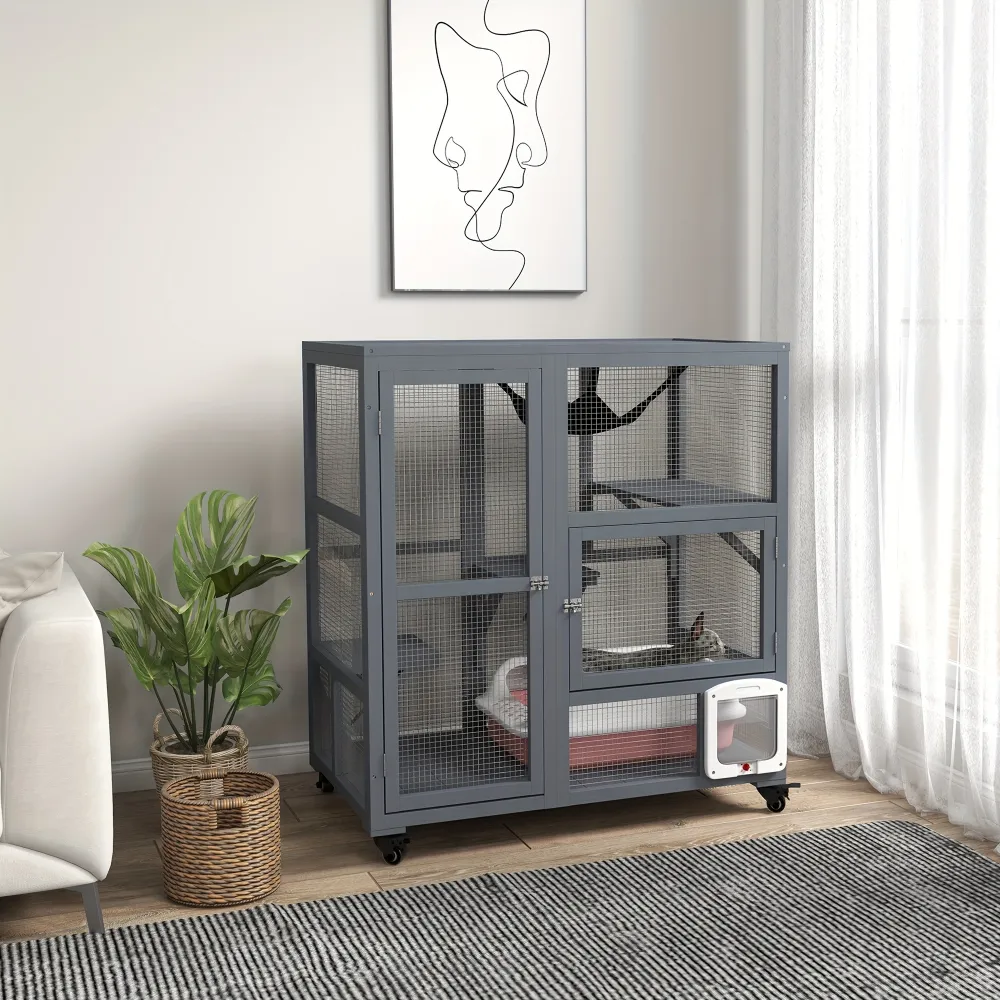 Multi-Level Cat Cage with Hammock and Litter Box, Cat Furniture for Indoor Play and Rest