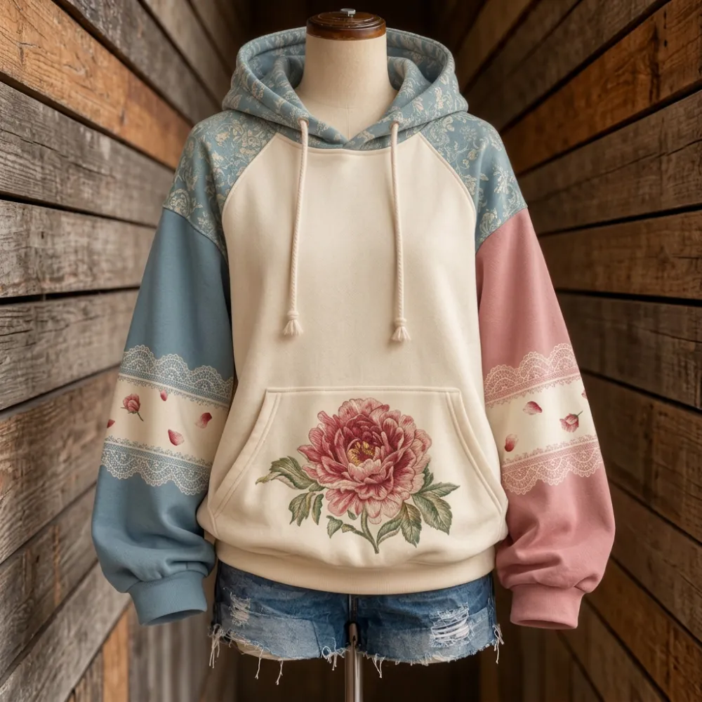 Women's Western Floral Peony Lace Patchwork Printed Hoodie