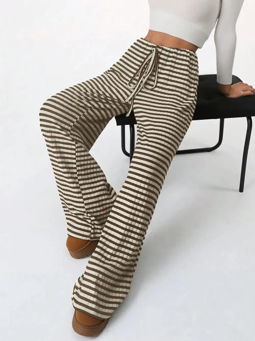 Wide Leg Drawstring Striped Casual Pants