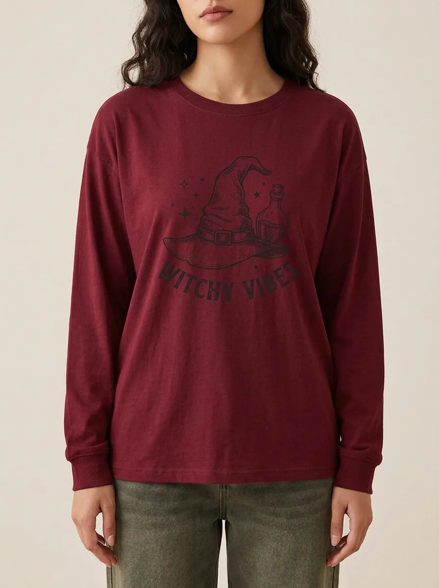 Women's Halloween Witchy Vibes Witch Hat Potion Printed Long Sleeve T-shirt