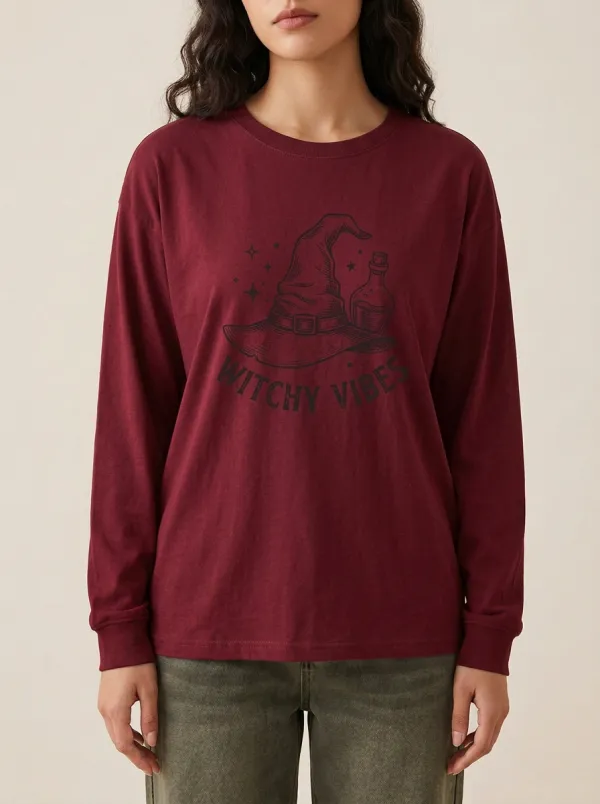 Women's Halloween Witchy Vibes Witch Hat Potion Printed Long Sleeve T-shirt
