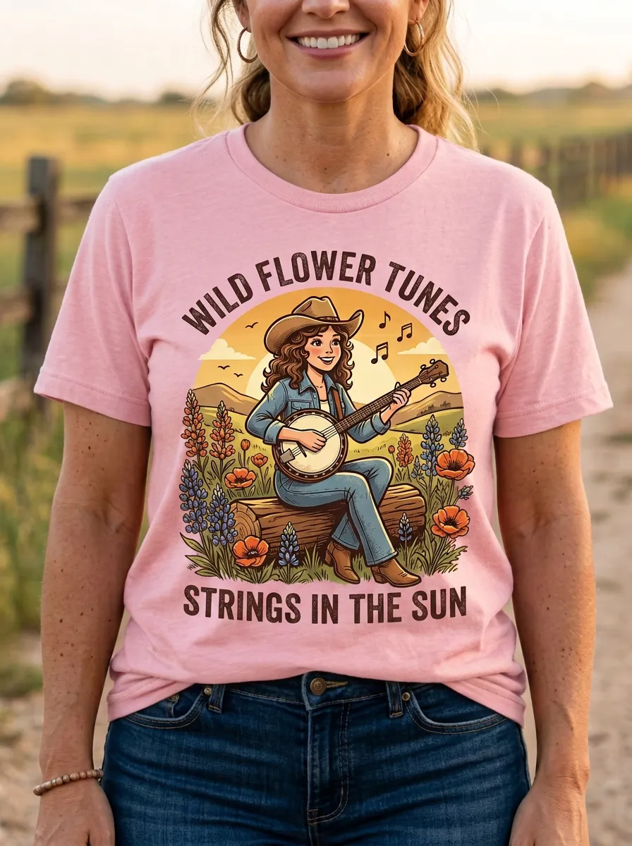 Rustic Banjo Wildflower Women's Country Music Casual T-Shirt