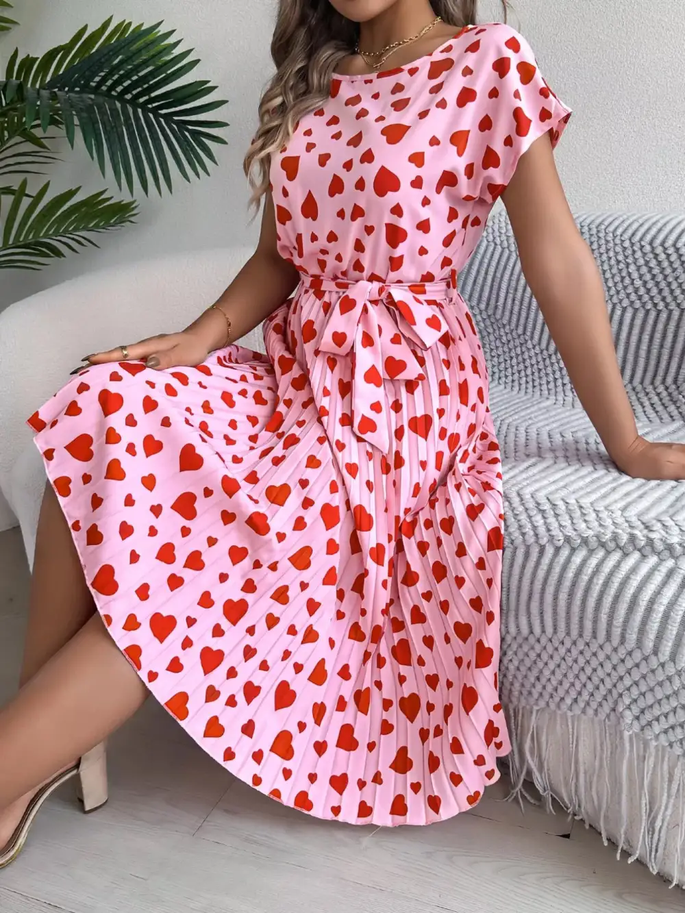 Heart Belted Pleated Midi Dress