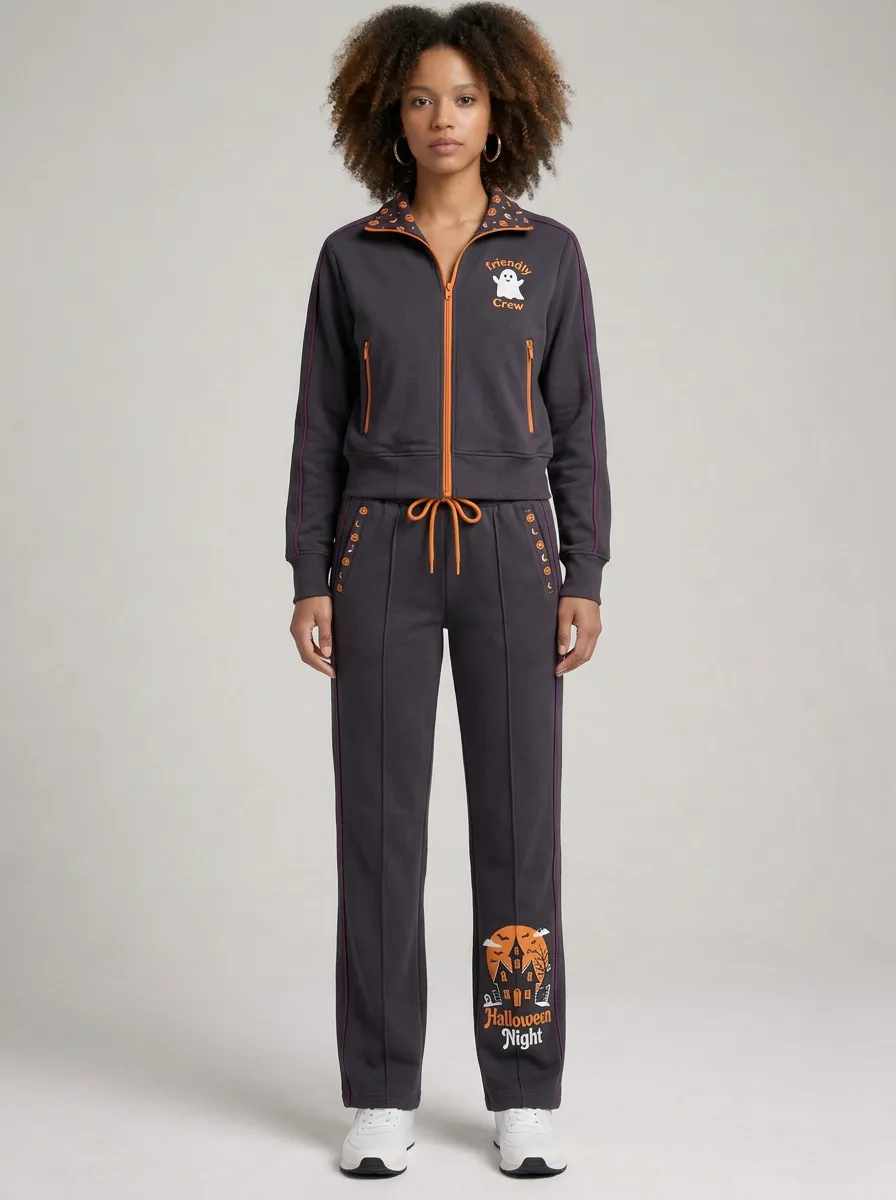 Women's Halloween Ghost Friendly Crew Haunted House Printed Tracksuit