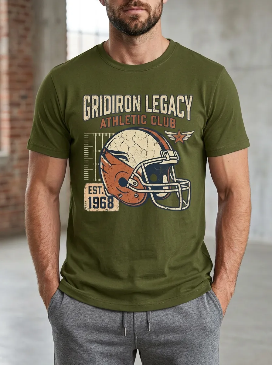 Men's Vintage Inspired Helmet Football Gridiron Crew Neck Graphic T-Shirt