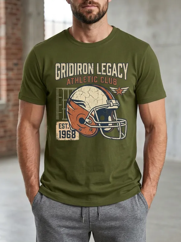 Men's Vintage Inspired Helmet Football Gridiron Crew Neck Graphic T-Shirt
