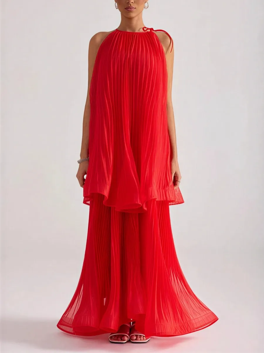 Elara Pleated Halter Two-Piece Chiffon Maxi Set In Red