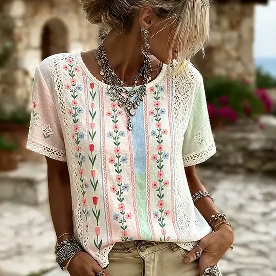 Vintage Cottagecore Floral Embroidery Art Linen T Shirt