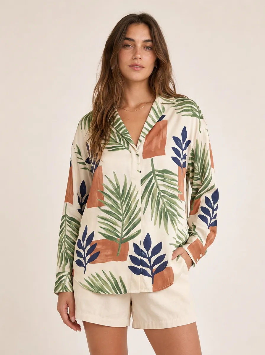 Women's Tropical Botanical Abstract Leaf Printed Button-down Shirt