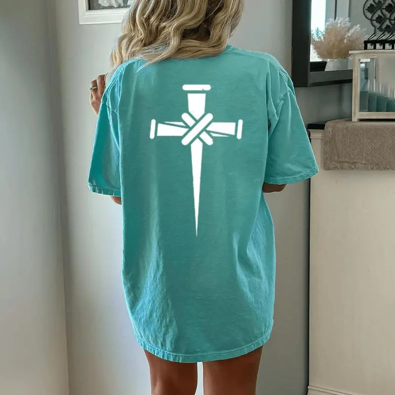 Christian Minimalist Religious Cross Calvary Three Nails Women's Oversized Comfort T-Shirt Back Print