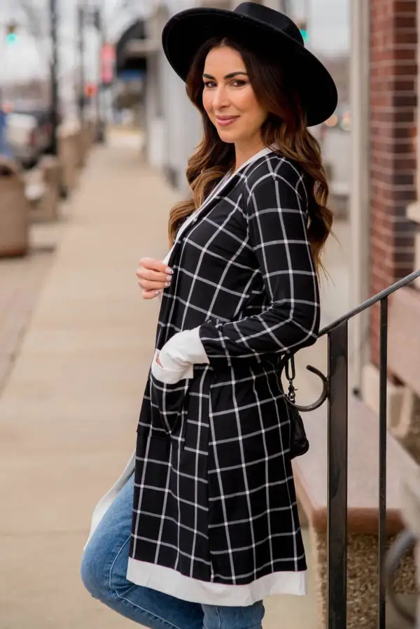 Plaid Color Block Edge Open Pocketed Cardigan