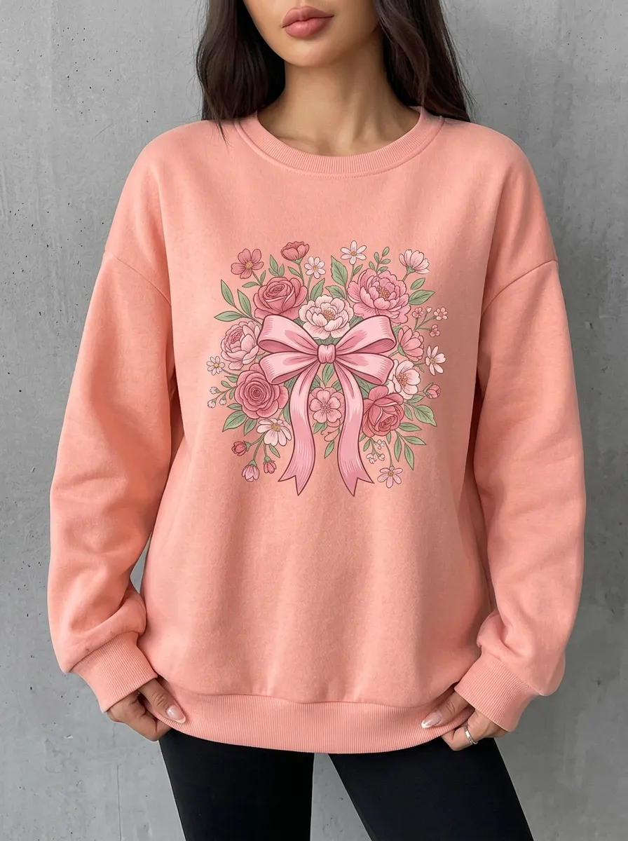 Women's Breast Cancer Awareness Floral Bow Printed Sweatshirt