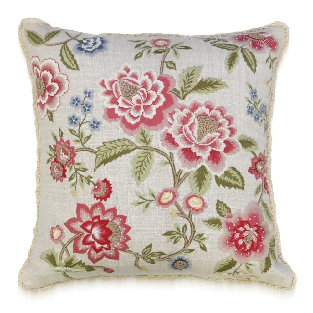 Artisan Hand Embroidered Floral Botanical Cotton Decorative Cushion Cover
