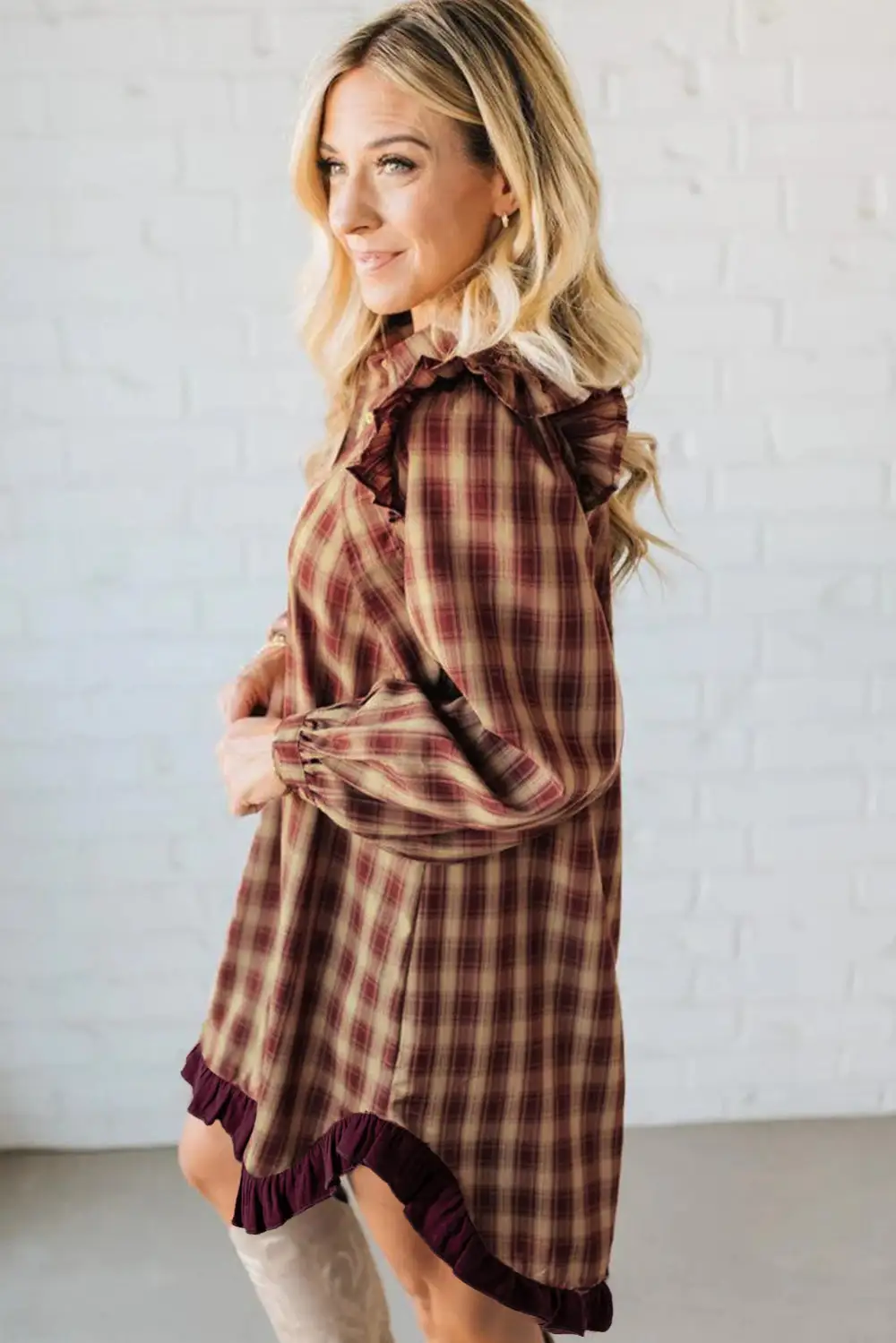 Gathered Detail Plaid Patchwork Ruffle Mini Dress