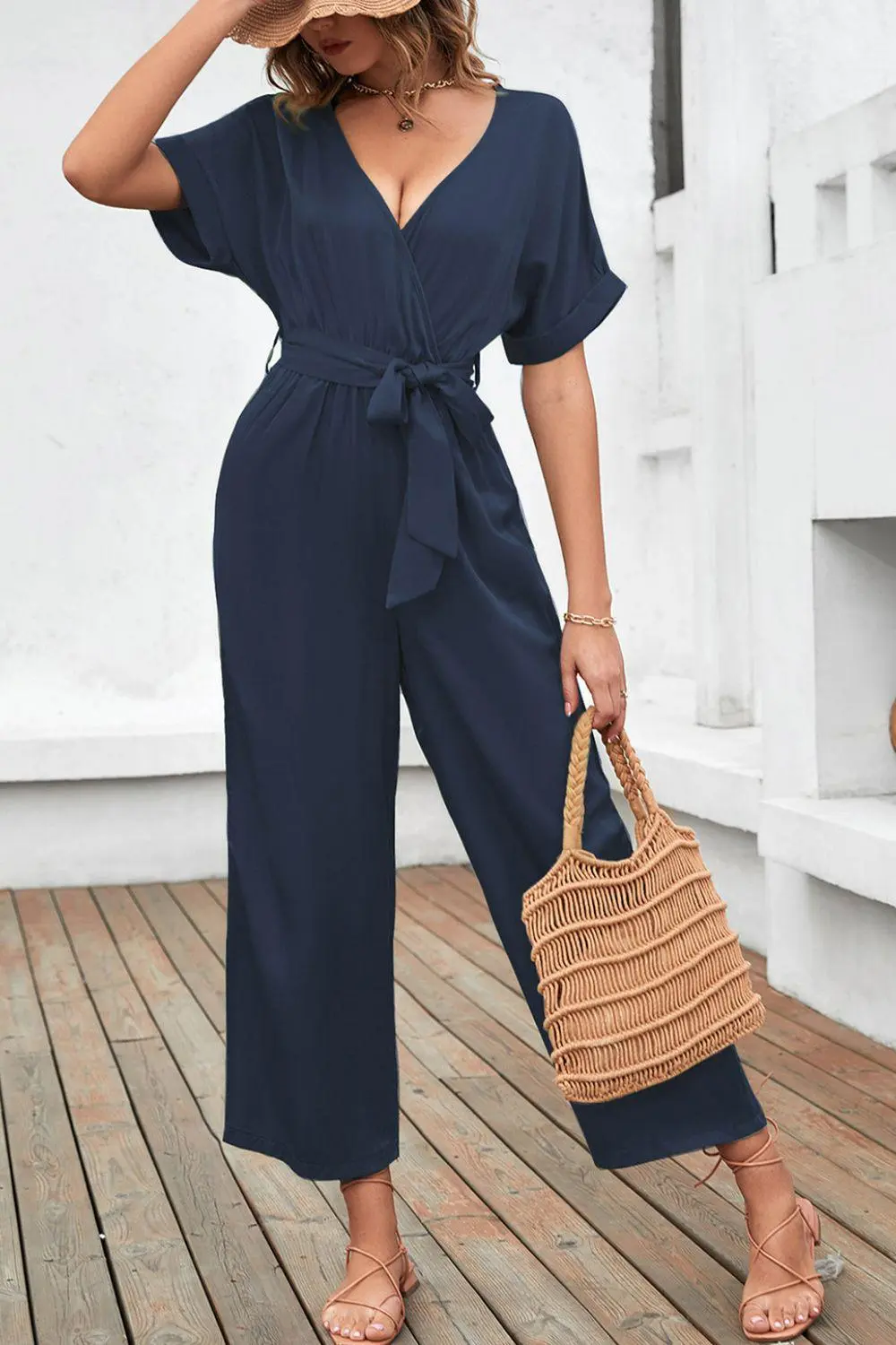 Tie Waist Surplice Wide Leg Jumpsuit