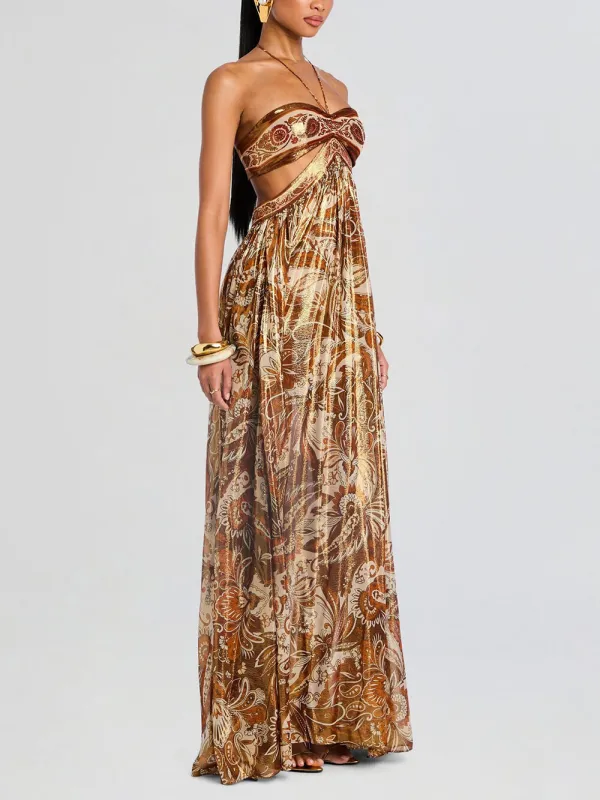 Hollow Print Halter Neck Maxi Dress