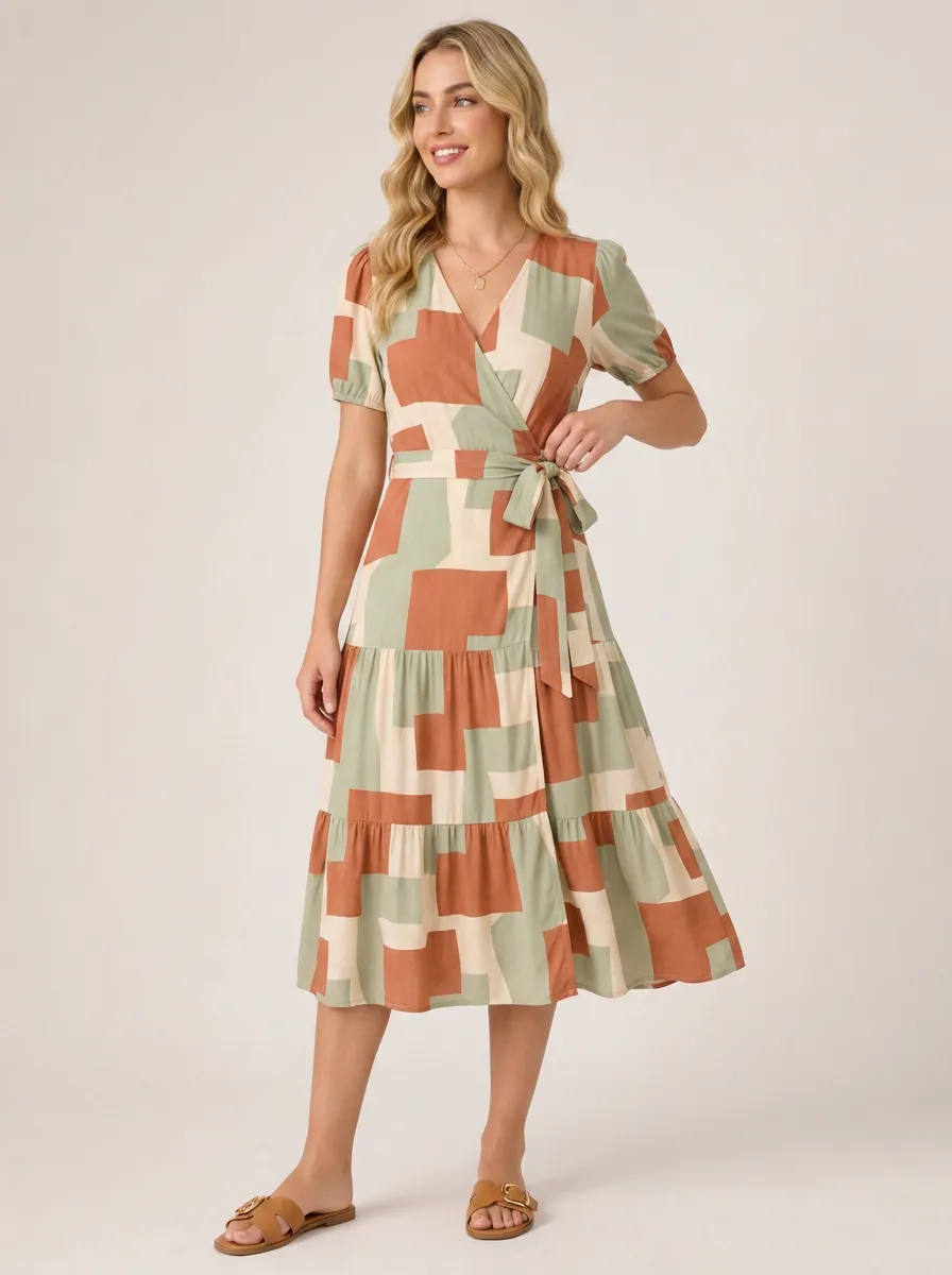 Women's Geometric Pattern Sage Green Brown Printed Wrap Dress