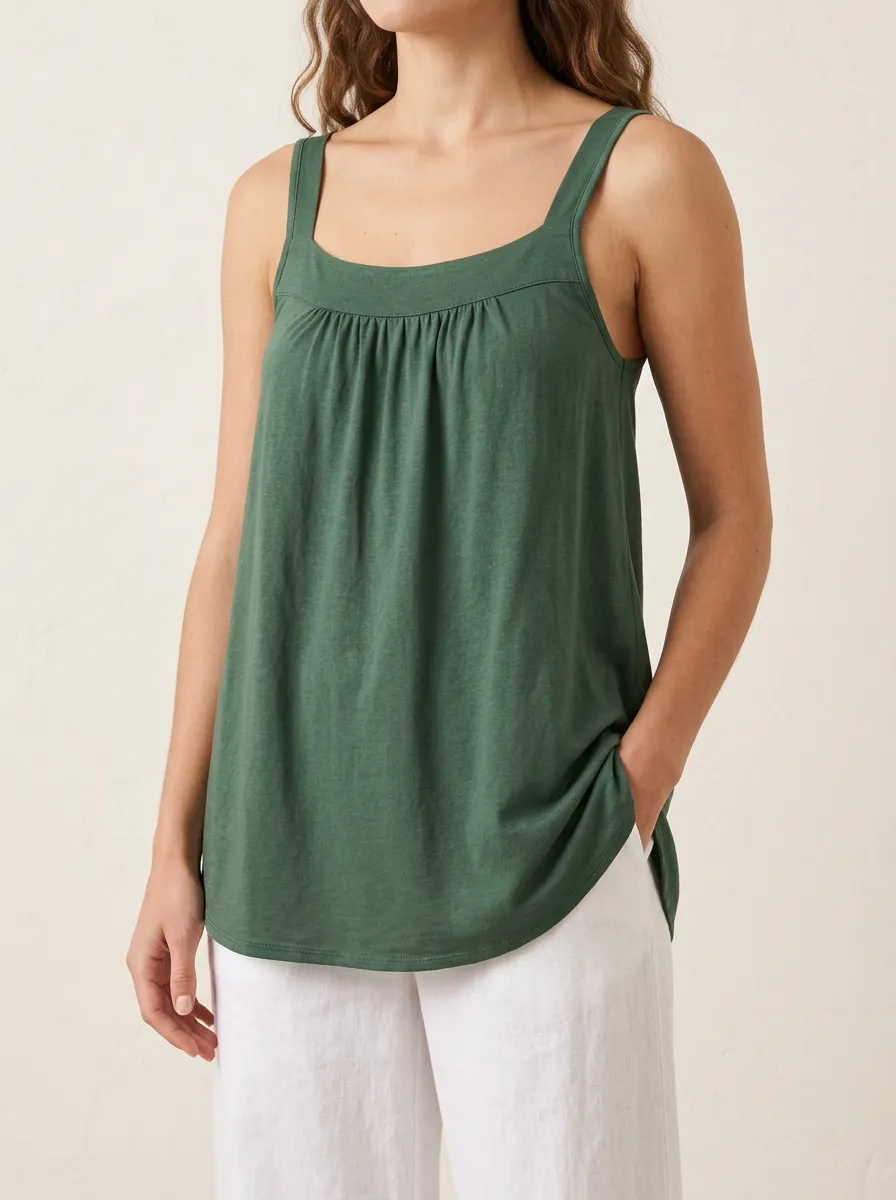 Women's Relaxed Square Neck Wide Strap Pleated Side Slit Camisole Top