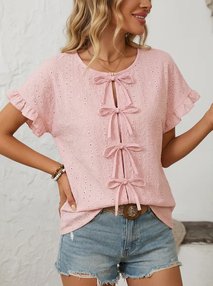 Women's Round Neck Bow-front Eyelet Blouse